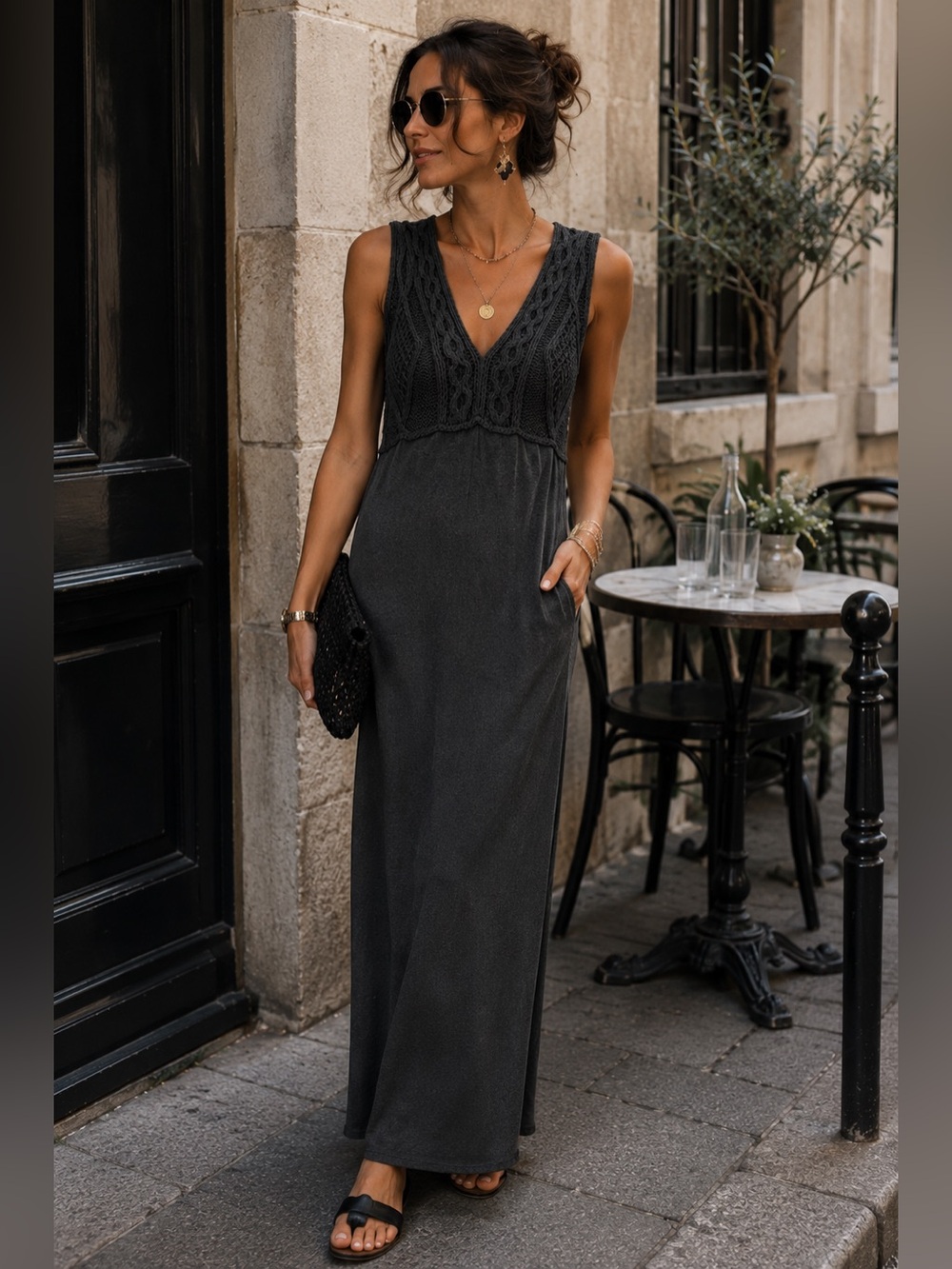 Iisli Sleeveless Black Maxi Dress with Knit Bodice Size L